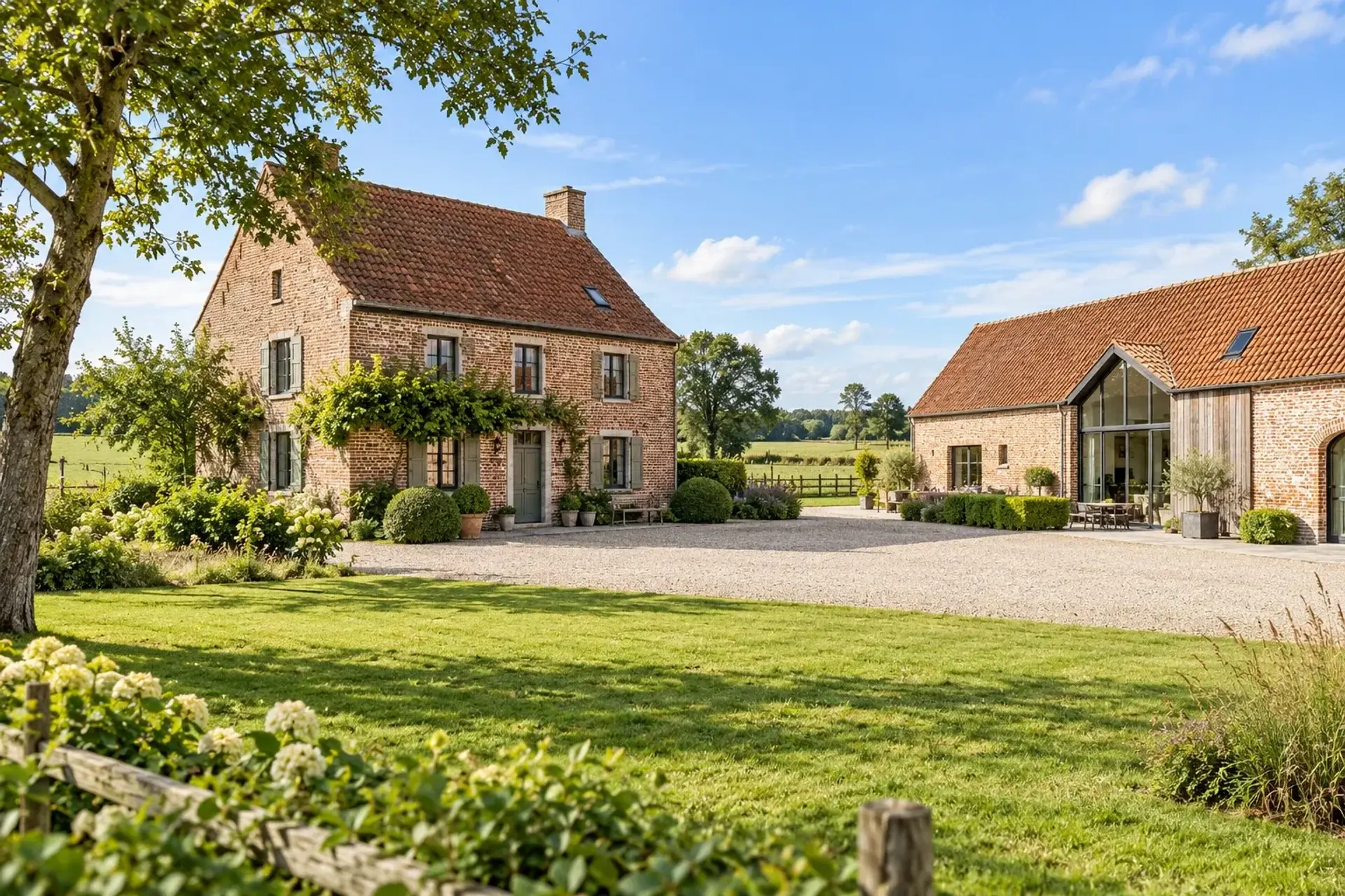 Hoeve met bijgebouwen en omliggend terrein; illustratief sfeerbeeld