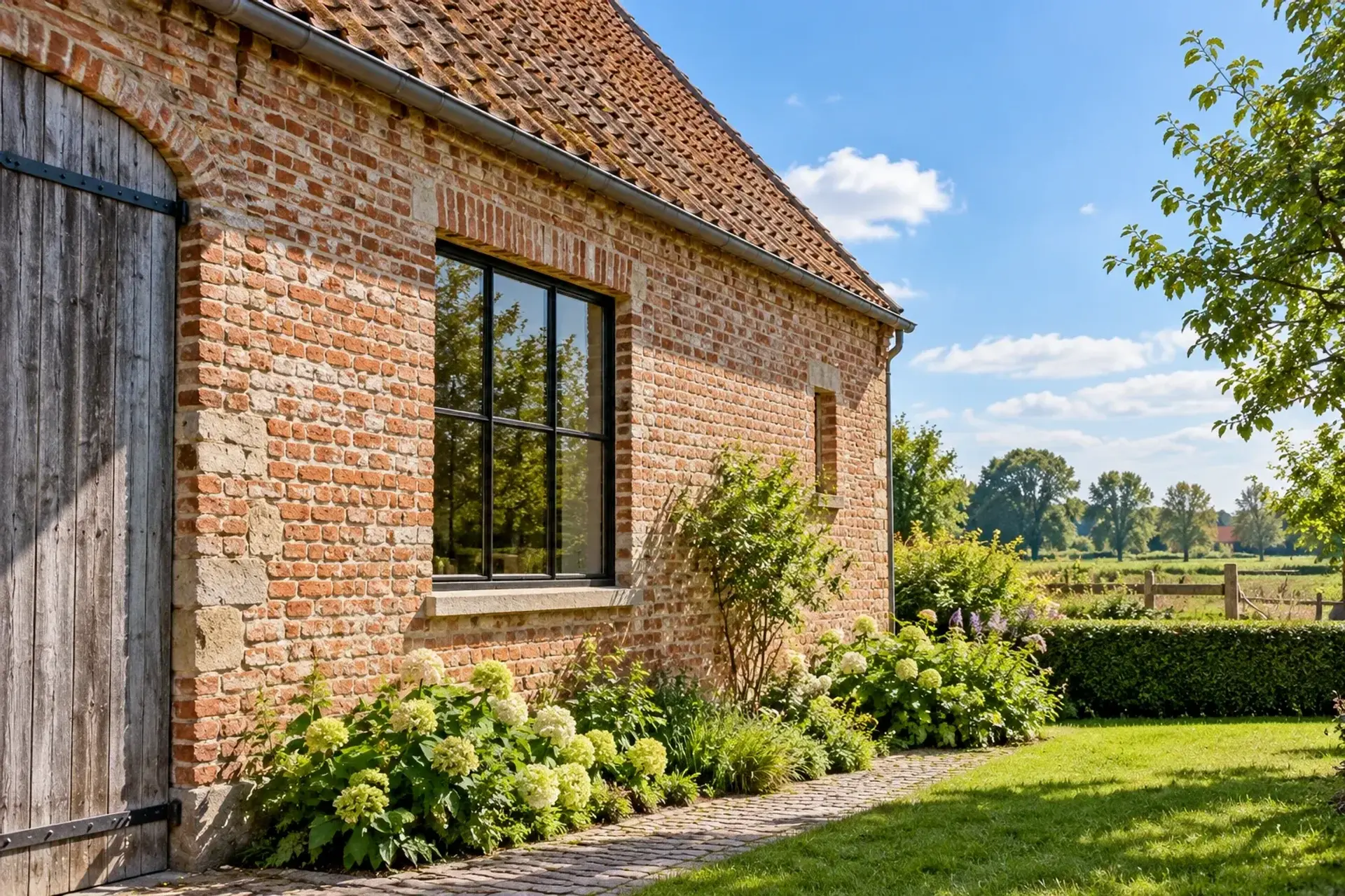 Gerestaureerde gevel van een Vlaamse hoeve met groene tuin; illustratief sfeerbeeld