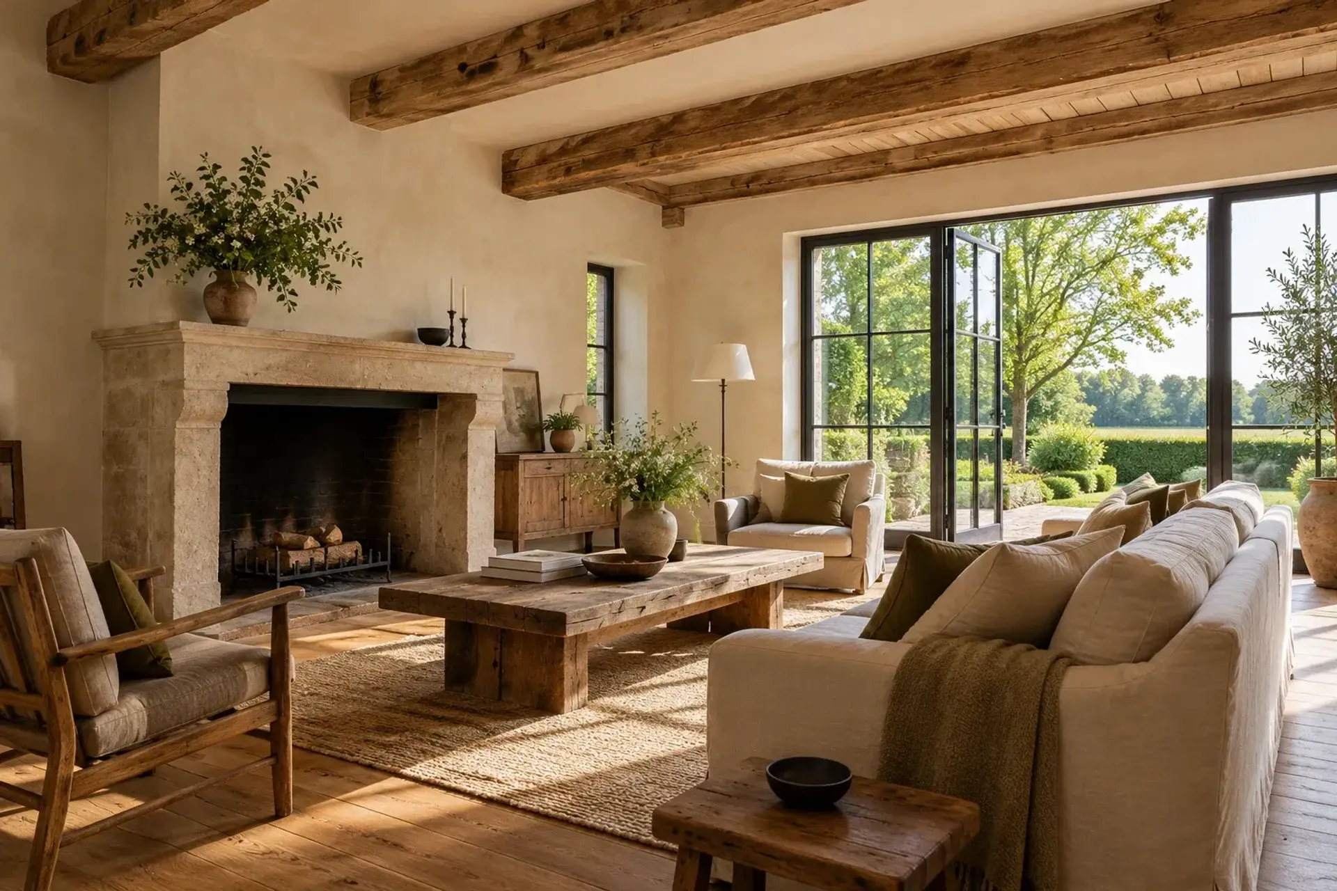 Lichtrijk interieur van een landhuis met groene tuin; illustratief sfeerbeeld