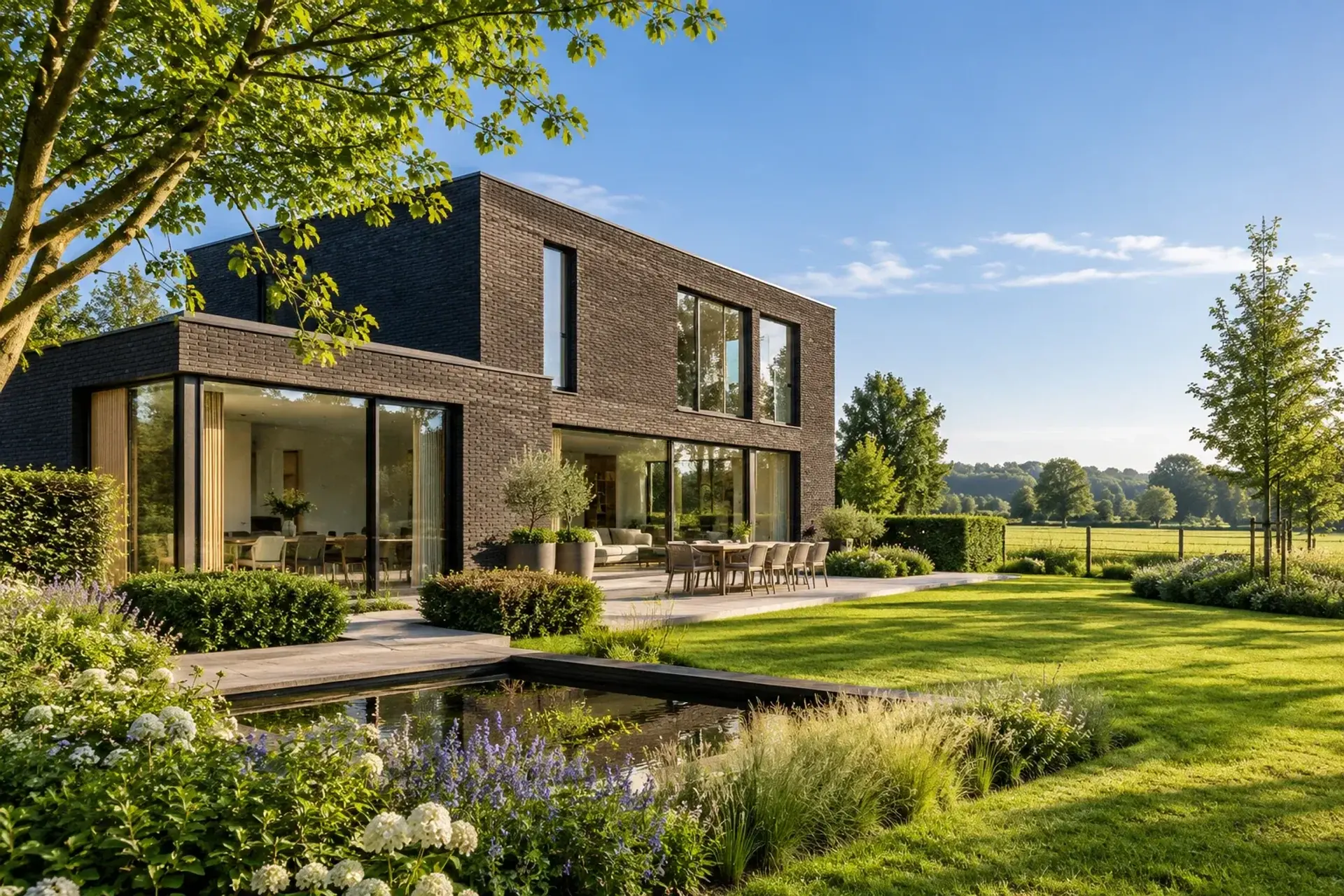 Moderne villa in donkere steen met tuin en landelijke ligging; illustratief sfeerbeeld