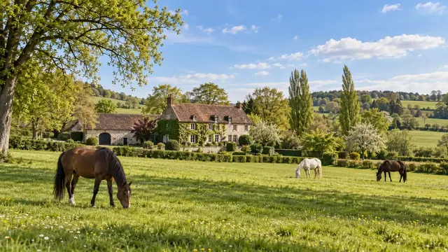 Illustratieve foto van paarden in een ruime weide bij een landelijk eigendom.